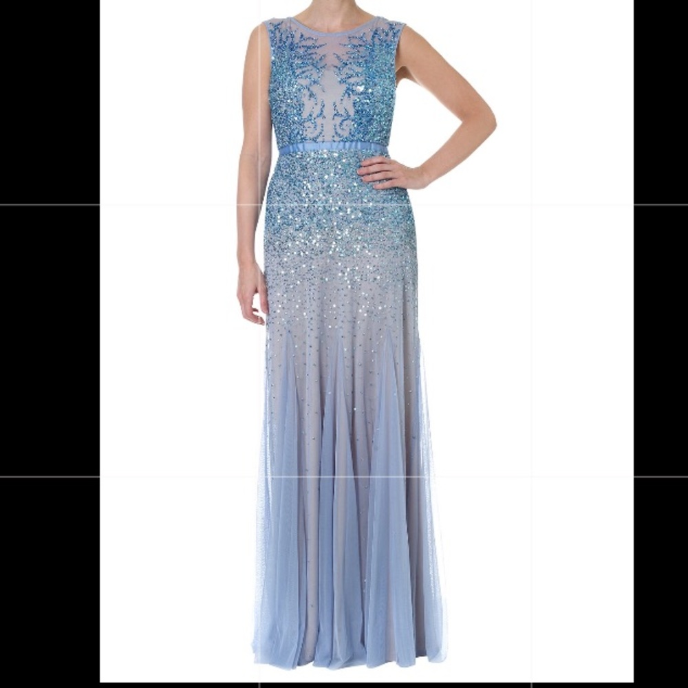 Blue Mist Sequined Gown w/ Illusion (Halter) Neck
